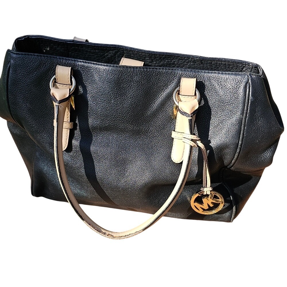 Michael Kors Black and Tan Large Leather Tote with Gold Accents